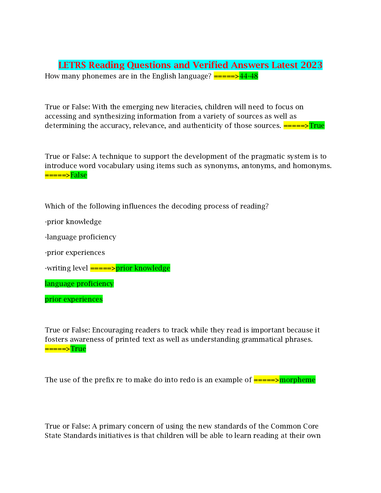 Preview image for LETRS Reading Questions and Verified Answers Latest 2023